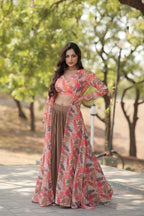 Vastranavya Latest Fancy Party Wear Lehenga Choli With Shrug - Peach | Grocsy