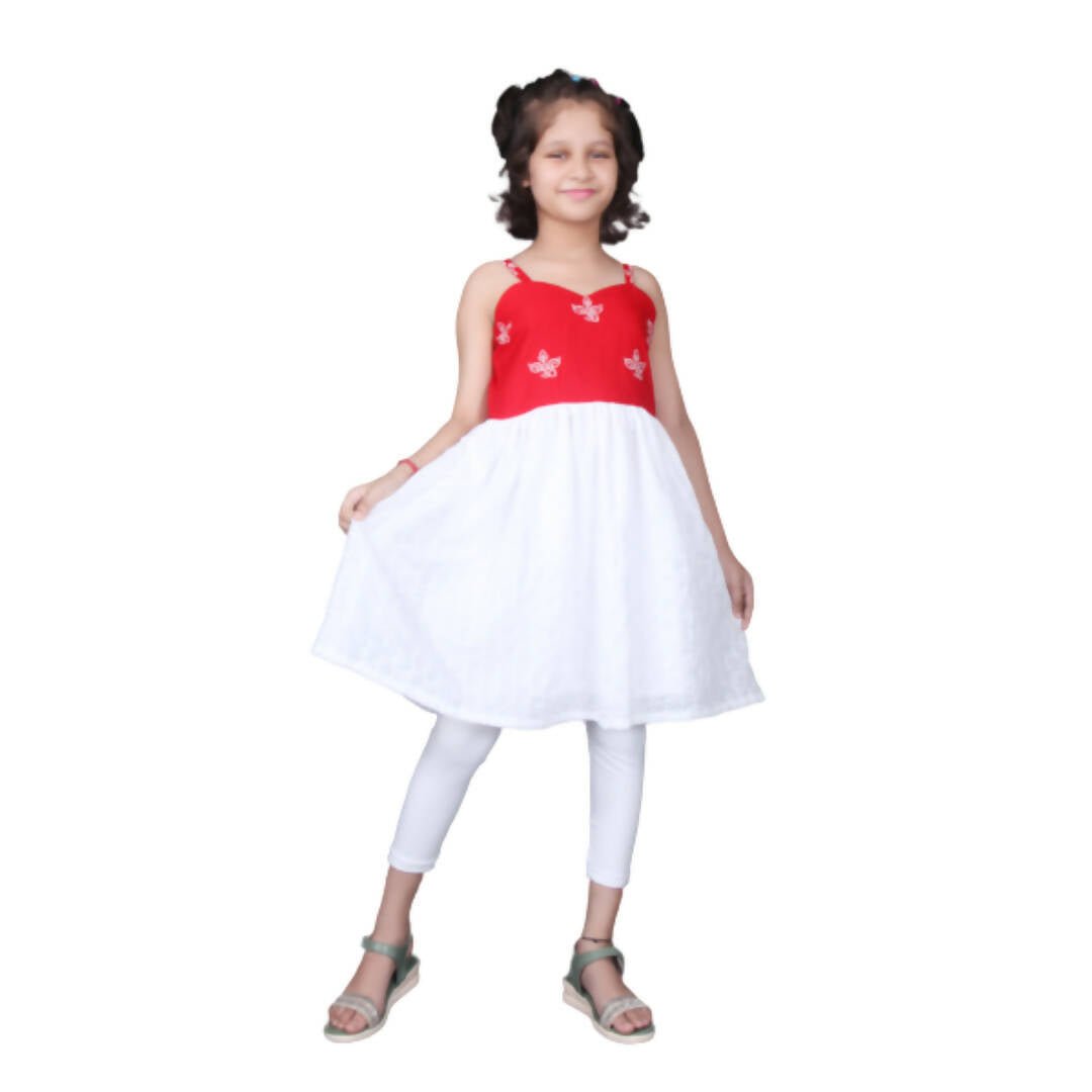 Akarshan Pure Cotton Frock Style Kurti with Leggings Set - Red & White | Grocsy