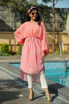 Juniper Women Peach Georgette Bandhani High-Low Tunic | Grocsy