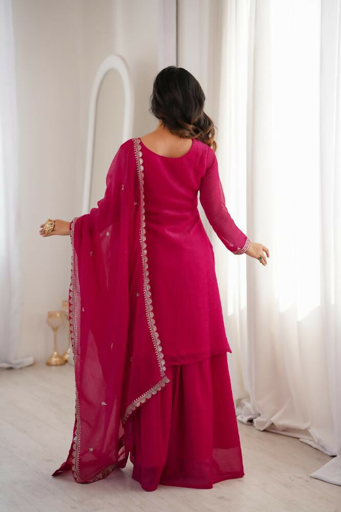 Lehenga Mart Designer Sharara Suit With Kurta, Sharara, Dupatta For Women-Dark Rani | Grocsy