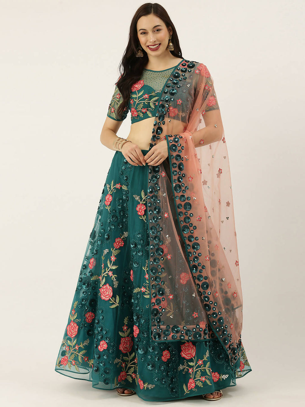 House of Panchhi Teal Net Semi stitched Coding, Sequins and Saroski Stone Work Lehenga Choli | Grocsy