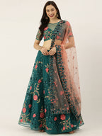 House of Panchhi Teal Net Semi stitched Coding, Sequins and Saroski Stone Work Lehenga Choli | Grocsy