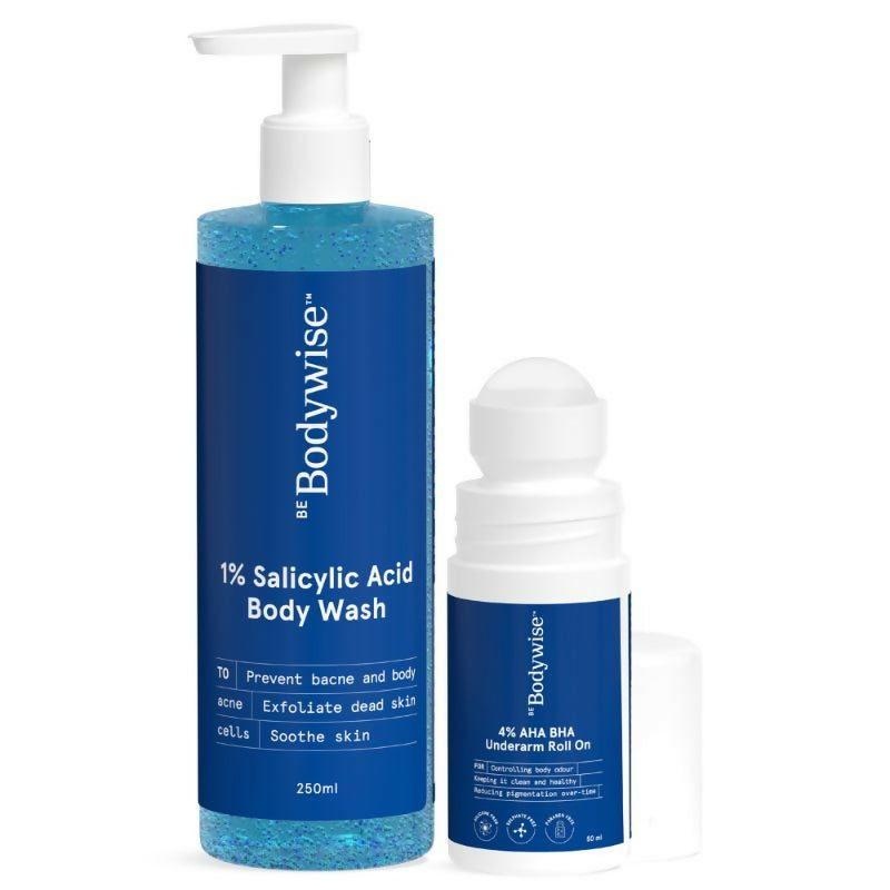 BeBodywise 1% Salicylic Acid Body Wash & 4% AHA BHA Underarm Roll On - Helps Exfoliate Skin | Grocsy