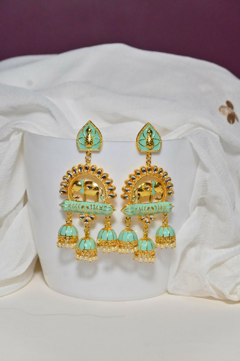 Green Traditional Gold-Polished Elephant Design Kundan Jhumka Jhumki Earrings Indian Jewellery For Women & Girls By House of Ree - Swadesiicart