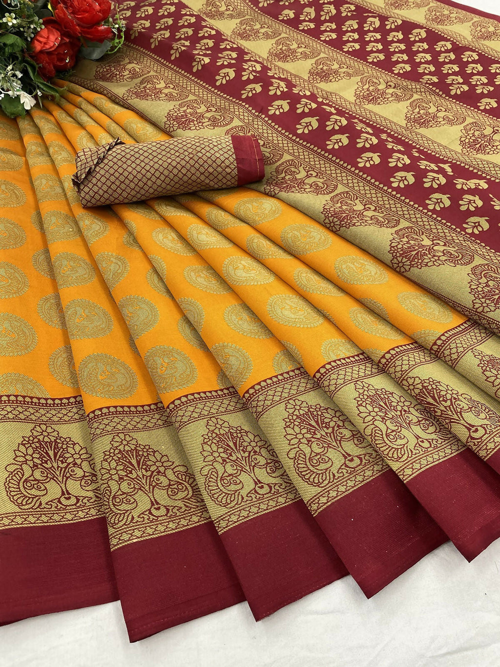 Vamika mustard Printed Art Silk Saree | Grocsy
