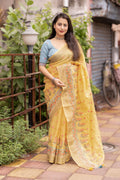 Yellow Pure Linen Ethnic Motifs Saree with Unstitched Blouse - A2M | Grocsy