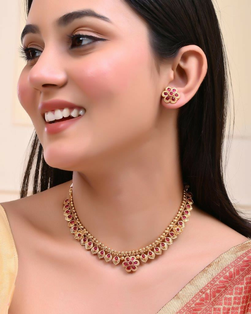 VOJ Gold-Polished Flower Shaped Ruby Stone Studded Jewellery Set | Grocsy