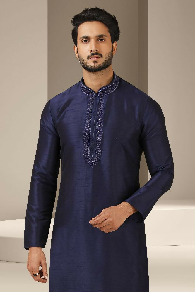 Raivat Ethnic Banarasi Art Silk Mirror Work Kurta Pajama In Navy Blue Colour | Grocsy
