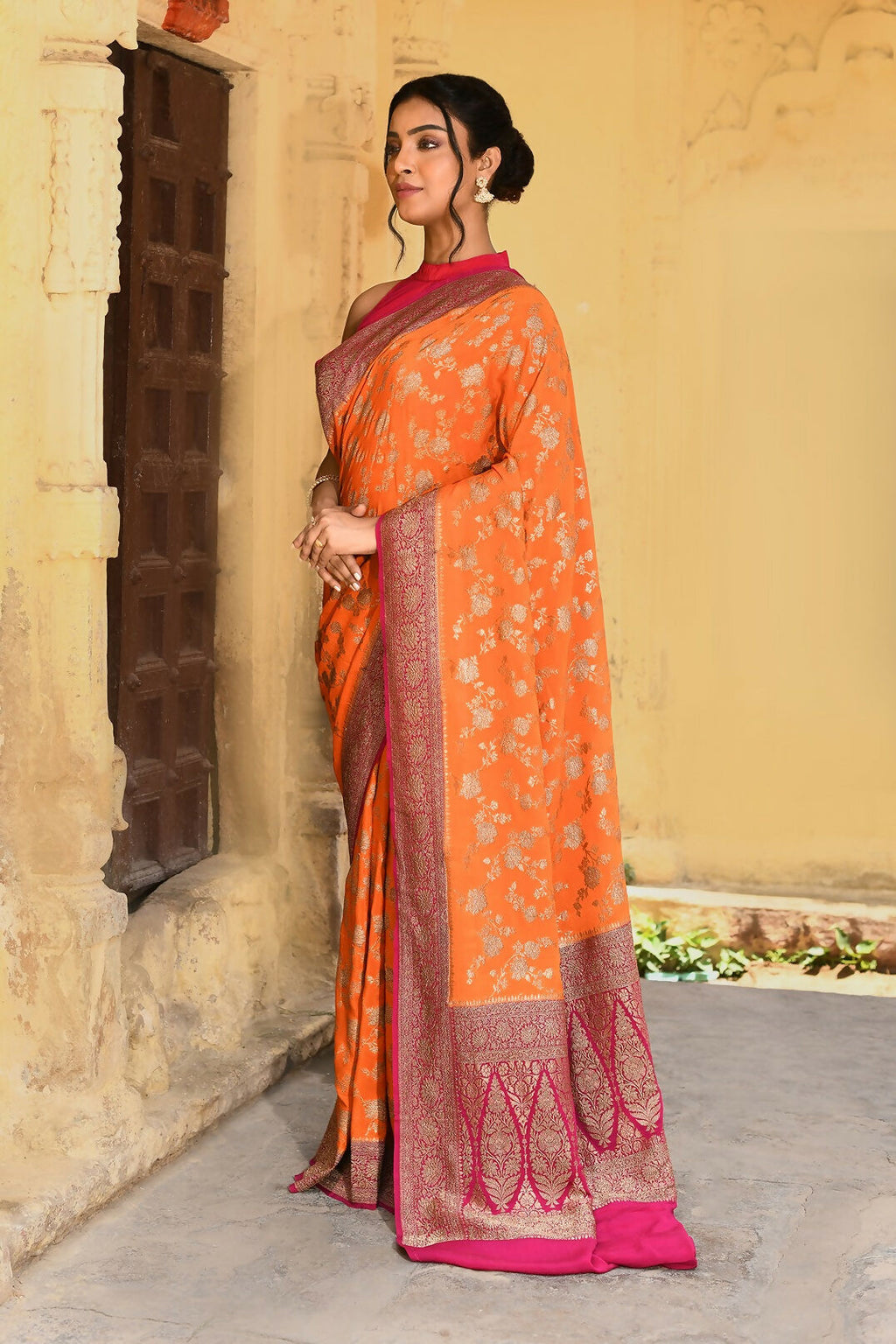 Joban Fashion Orange Crepe Chiffon Pure Handloom Banarasi Silk Saree | Grocsy