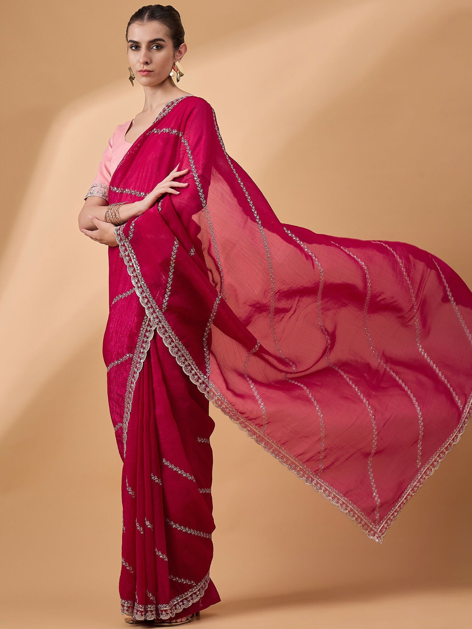 Pink Muslin Embroidered Saree with Unstitched Blouse Piece - Satya | Grocsy