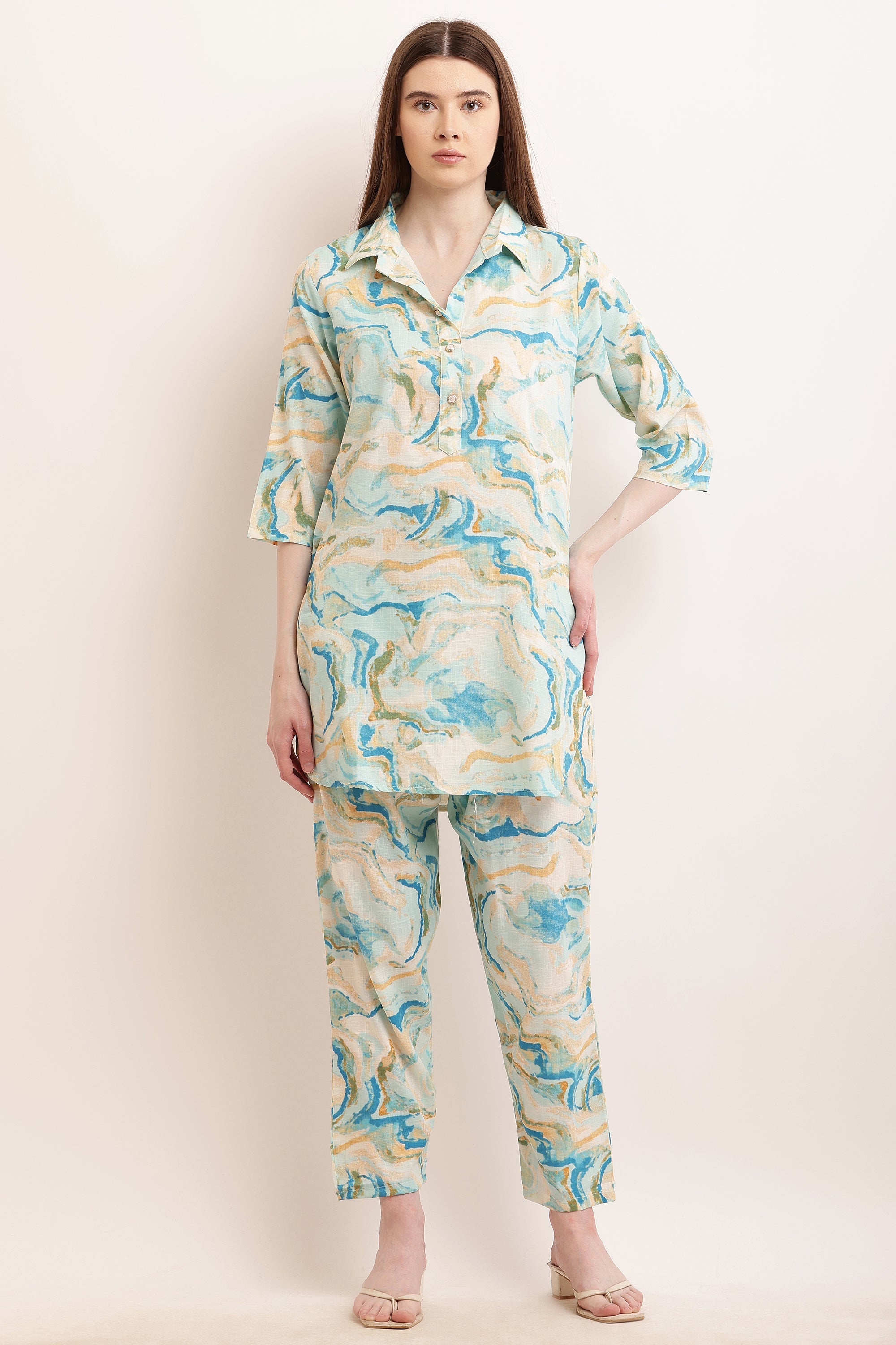 PAVONINE Firozi Color Ted-Dye Printed Cord Set For Women | Grocsy