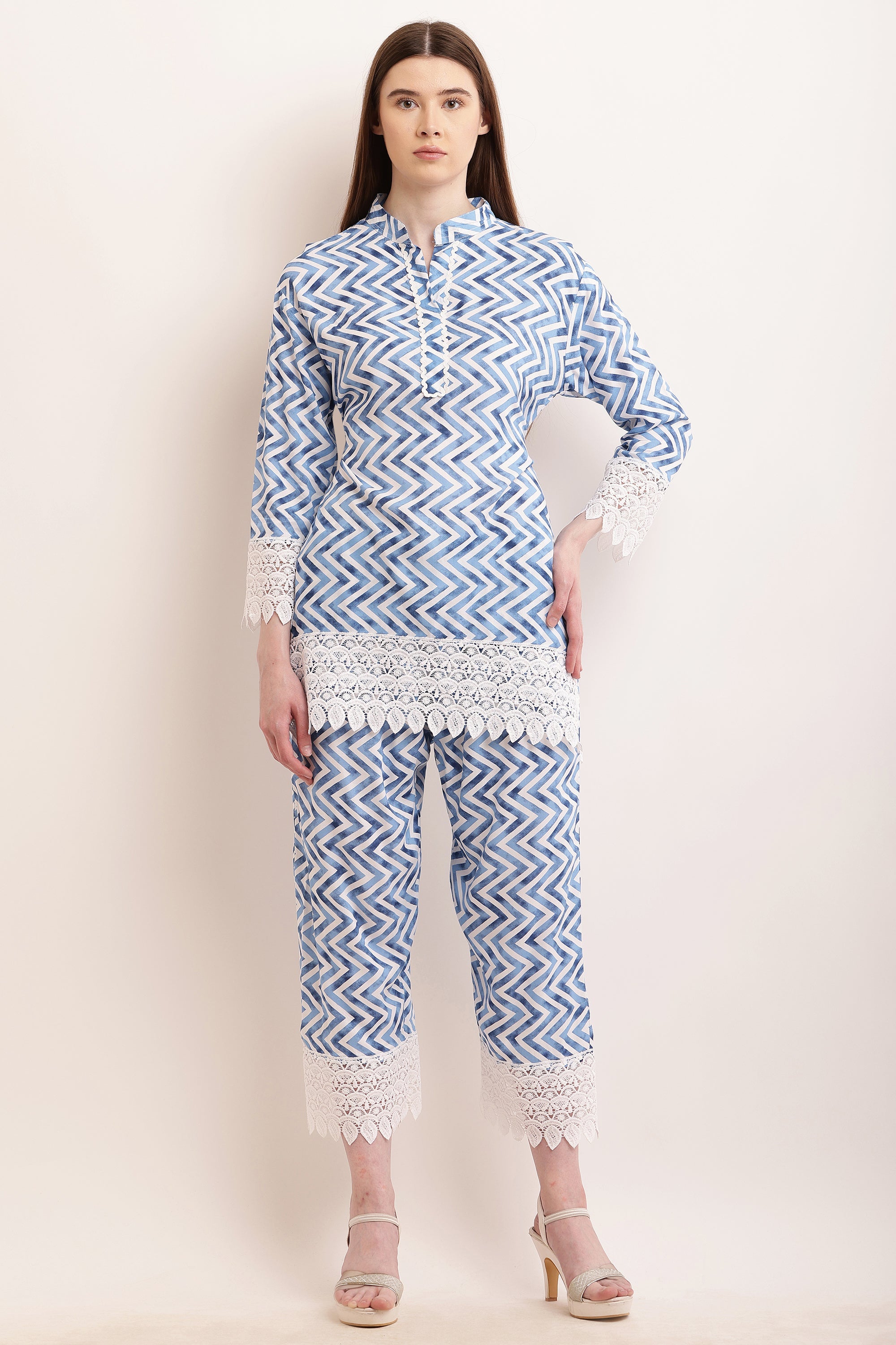 PAVONINE Firozi Color Zig-Zag Printed with Lace Inserted Cord Set For Women | Grocsy