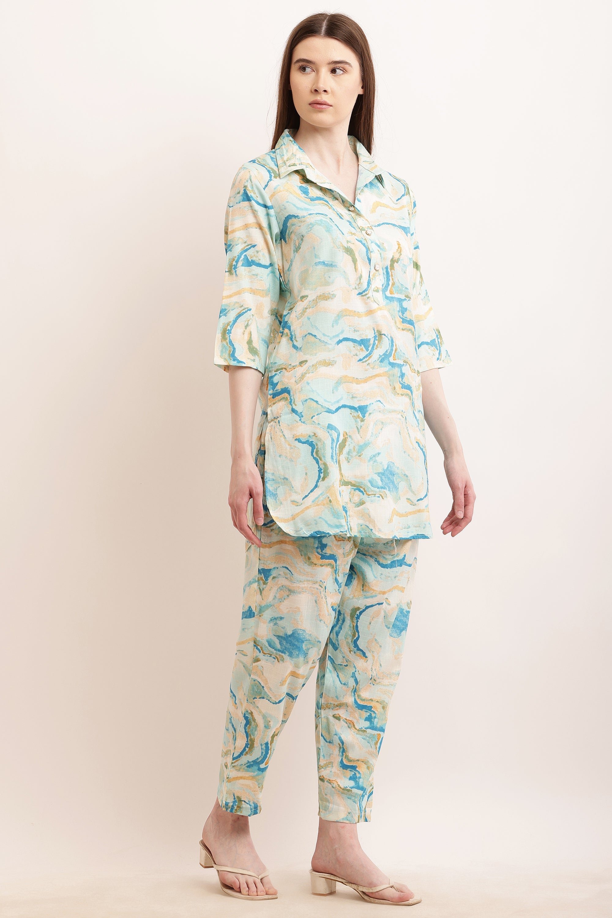 PAVONINE Firozi Color Ted-Dye Printed Cord Set For Women | Grocsy