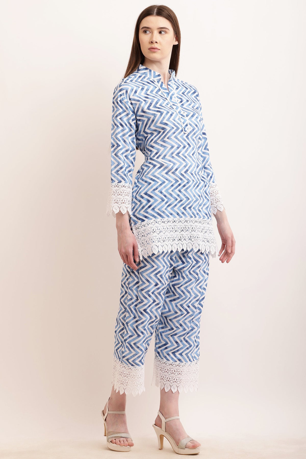 PAVONINE Firozi Color Zig-Zag Printed with Lace Inserted Cord Set For Women | Grocsy
