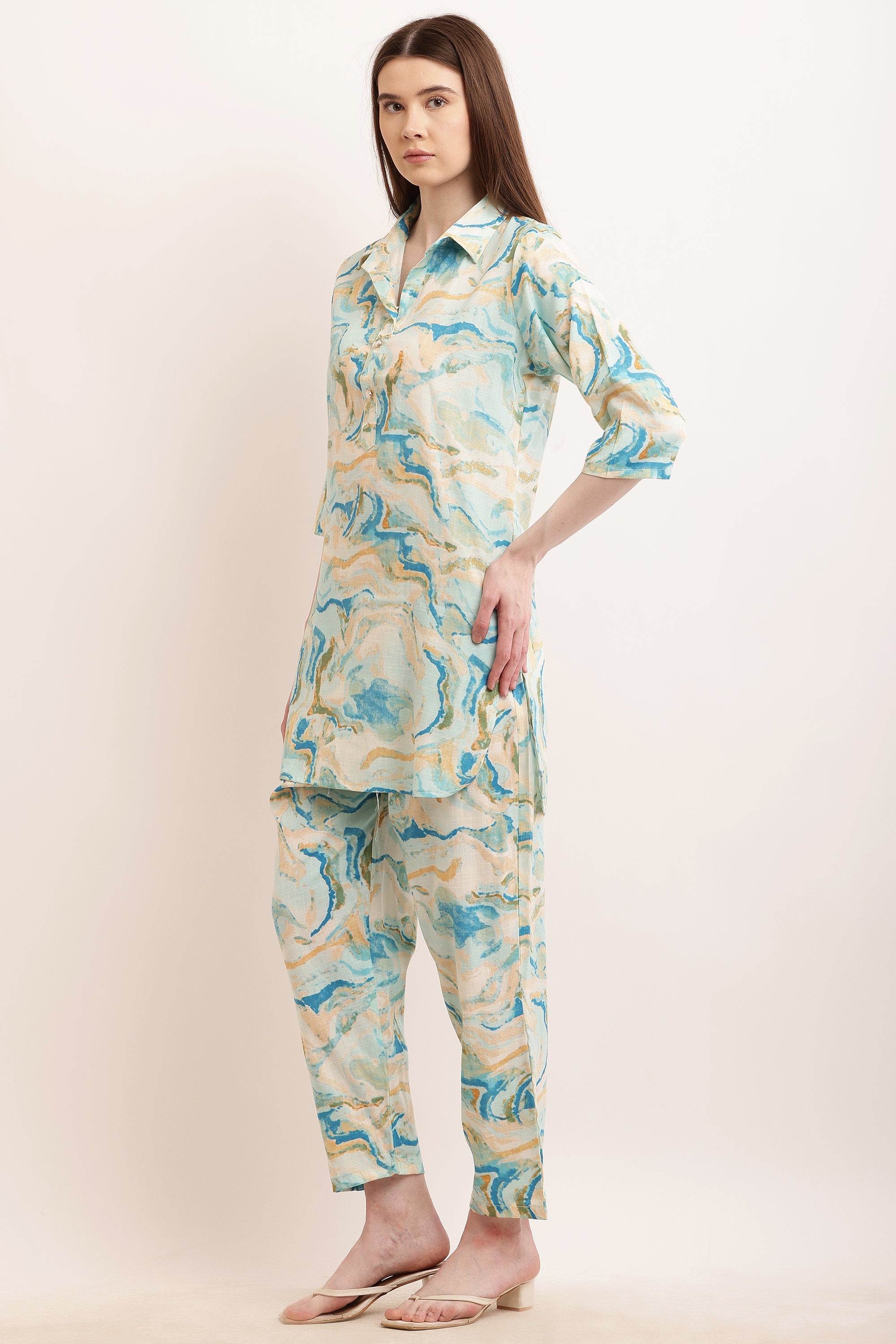 PAVONINE Firozi Color Ted-Dye Printed Cord Set For Women | Grocsy