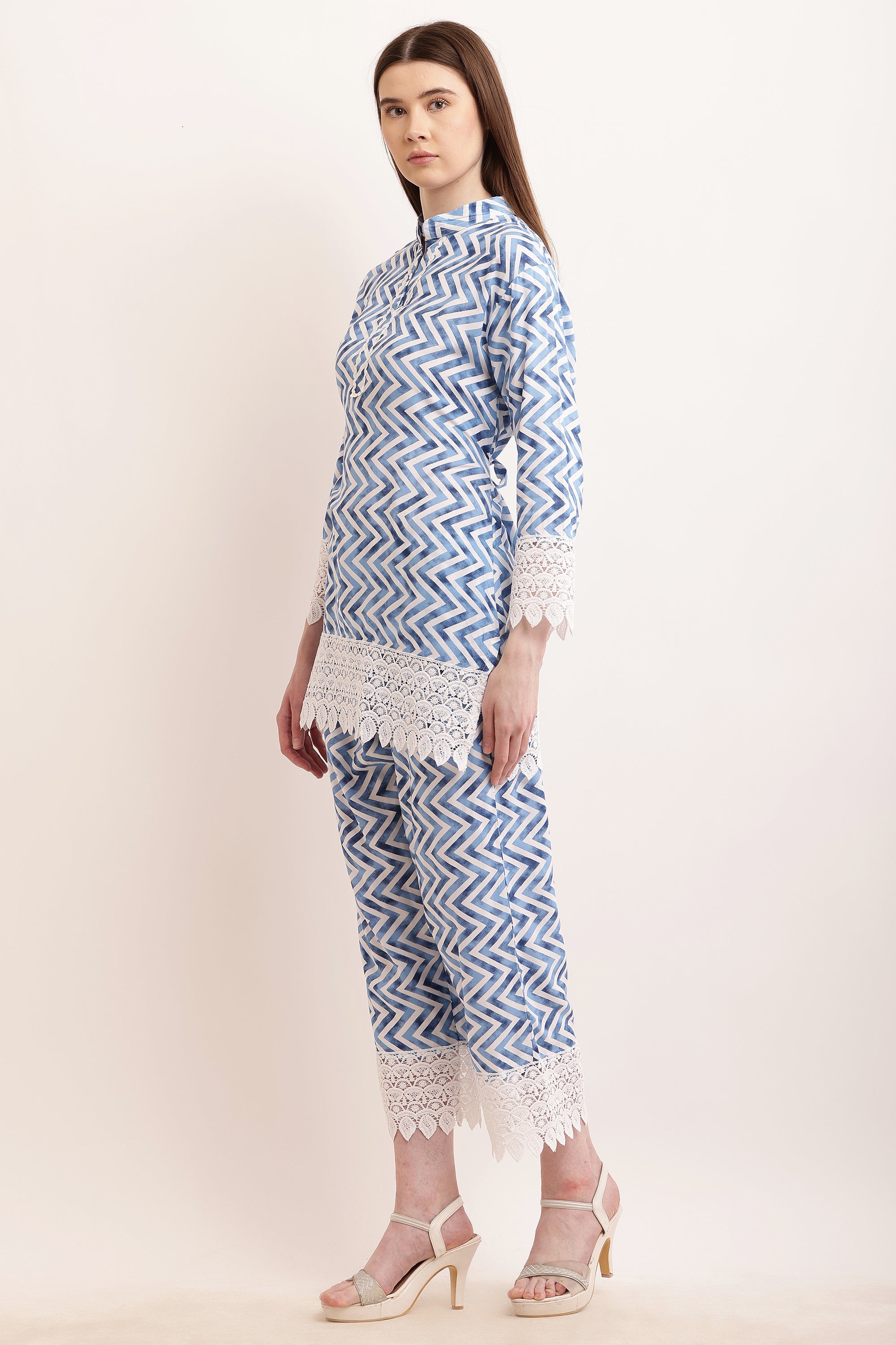 PAVONINE Firozi Color Zig-Zag Printed with Lace Inserted Cord Set For Women | Grocsy