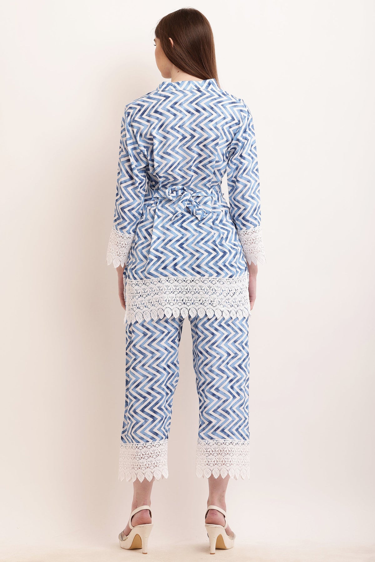 PAVONINE Firozi Color Zig-Zag Printed with Lace Inserted Cord Set For Women | Grocsy