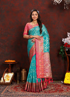 Lorenvalley Fashion Firozi Organza Silk Woven Design with Rich Meenakari Weaving Pallu Saree | Grocsy