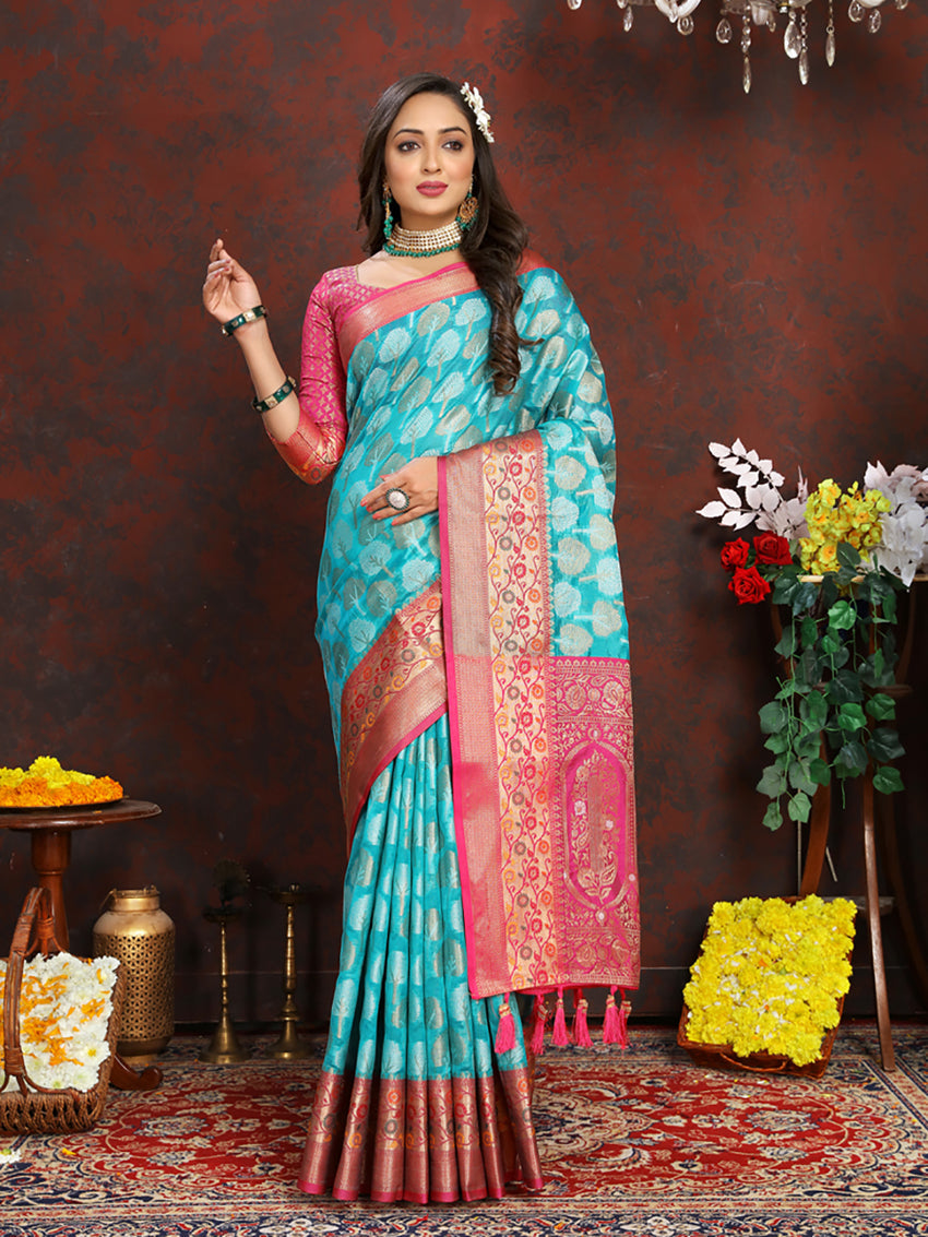 Lorenvalley Fashion Firozi Organza Silk Woven Design with Rich Meenakari Weaving Pallu Saree | Grocsy