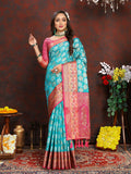 Lorenvalley Fashion Firozi Organza Silk Woven Design with Rich Meenakari Weaving Pallu Saree | Grocsy