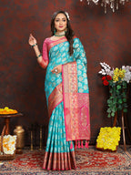 Lorenvalley Fashion Firozi Organza Silk Woven Design with Rich Meenakari Weaving Pallu Saree | Grocsy