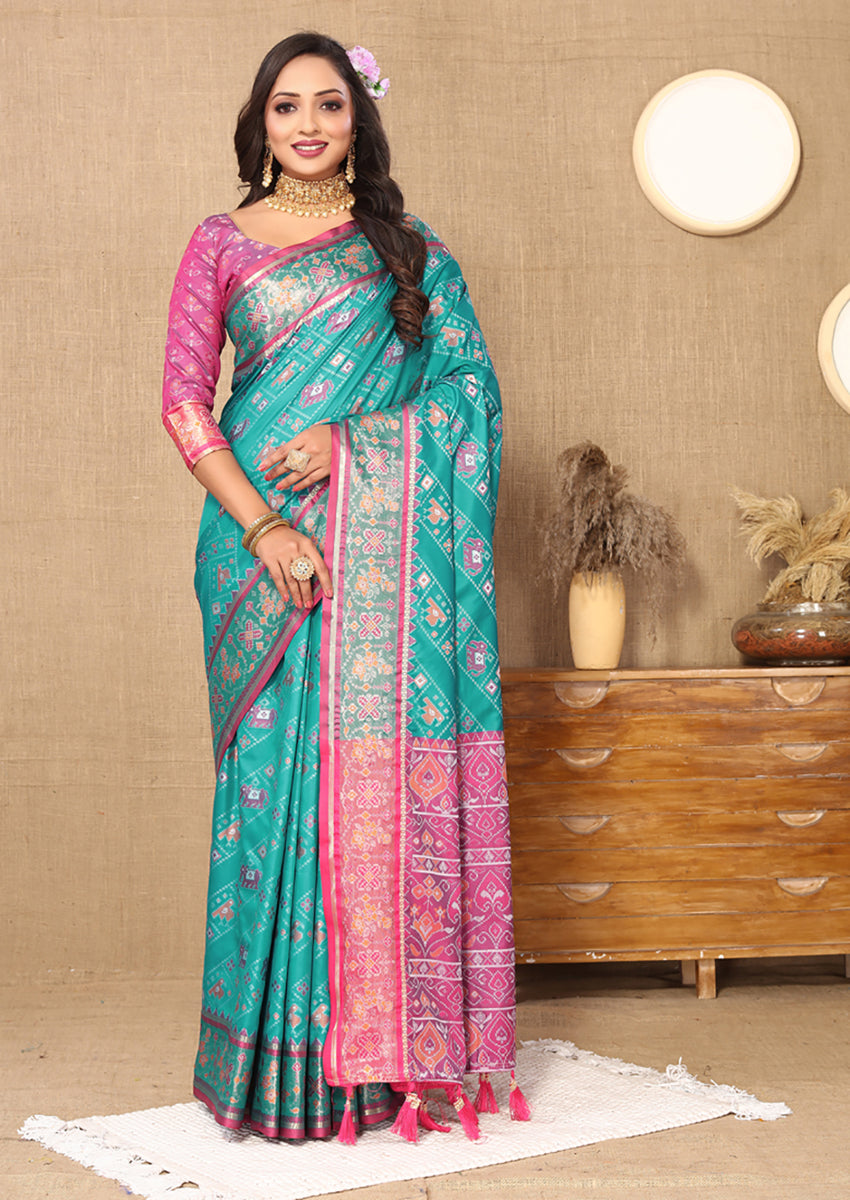 Lorenvalley Fashion Firozi Patola Silk Woven Design with Zari Meenakari Weaving motifs motifs Pallu Saree | Grocsy