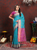 Lorenvalley Fashion Firozi Patola Silk Woven Design with Zari Meenakari Weaving motifs motifs Pallu Saree | Grocsy