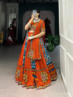 Lorenvalley Firozi Rayon and Printed Silk with Plain And Printed With Original Mirror Gamthi Work And Gamthi Patch Work Lehenga Choli | Grocsy
