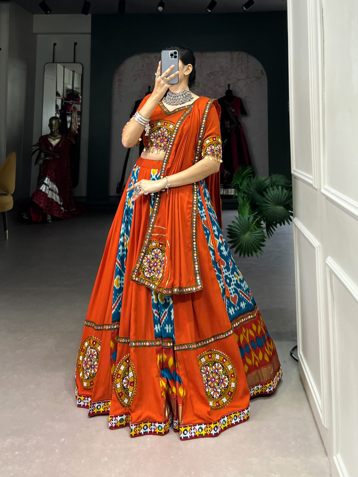 Lorenvalley Firozi Rayon and Printed Silk with Plain And Printed With Original Mirror Gamthi Work And Gamthi Patch Work Lehenga Choli | Grocsy