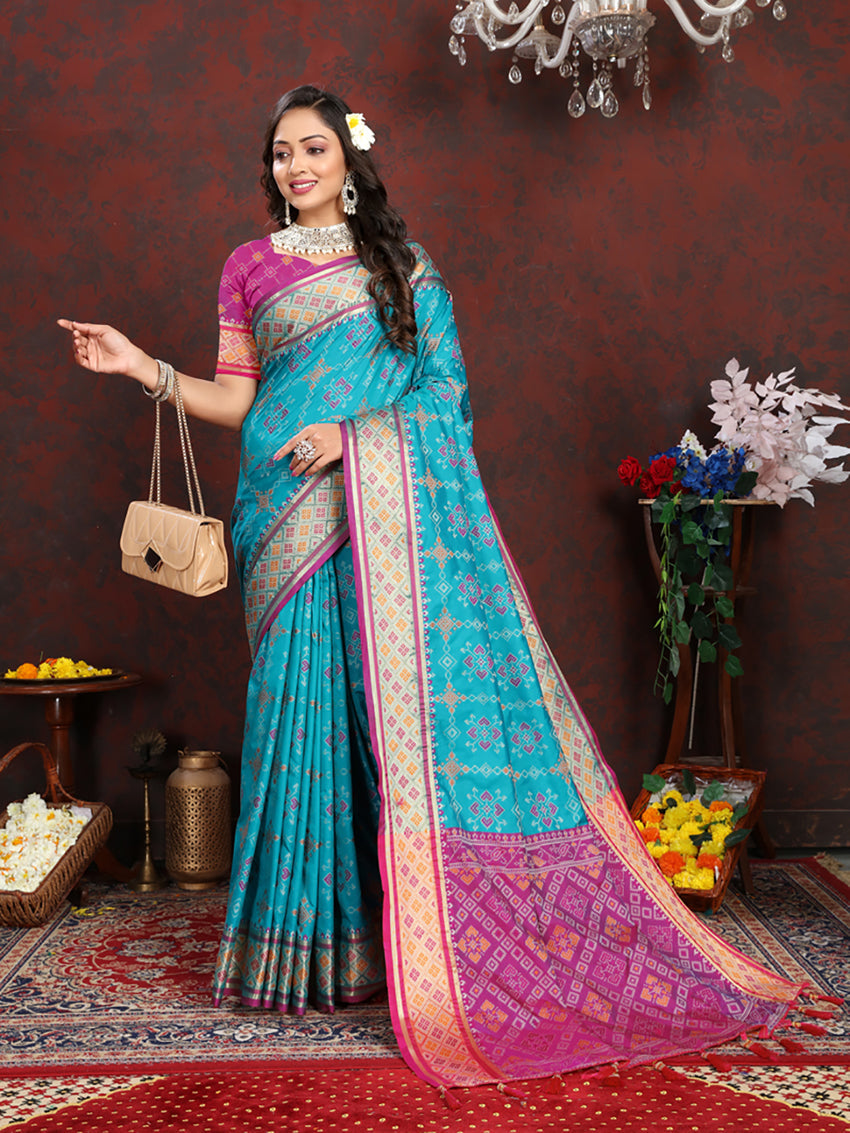Lorenvalley Fashion Firozi Patola Silk Woven Design with Zari Meenakari Weaving motifs motifs Pallu Saree | Grocsy