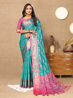 Lorenvalley Fashion Firozi Patola Silk Woven Design with Zari Meenakari Weaving motifs motifs Pallu Saree | Grocsy