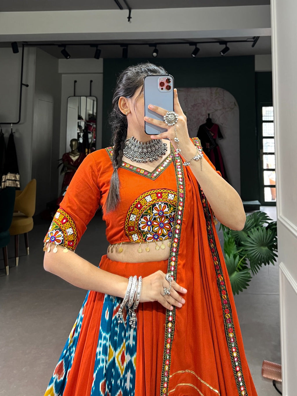 Lorenvalley Firozi Rayon and Printed Silk with Plain And Printed With Original Mirror Gamthi Work And Gamthi Patch Work Lehenga Choli | Grocsy