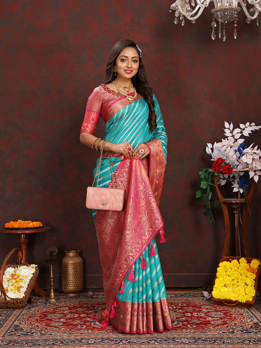 Lorenvalley Fashion Firozi Organza Silk Woven Design with Rich Meenakari Weaving Pallu Saree | Grocsy