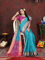 Lorenvalley Fashion Firozi Patola Silk Woven Design with Zari Meenakari Weaving motifs motifs Pallu Saree | Grocsy
