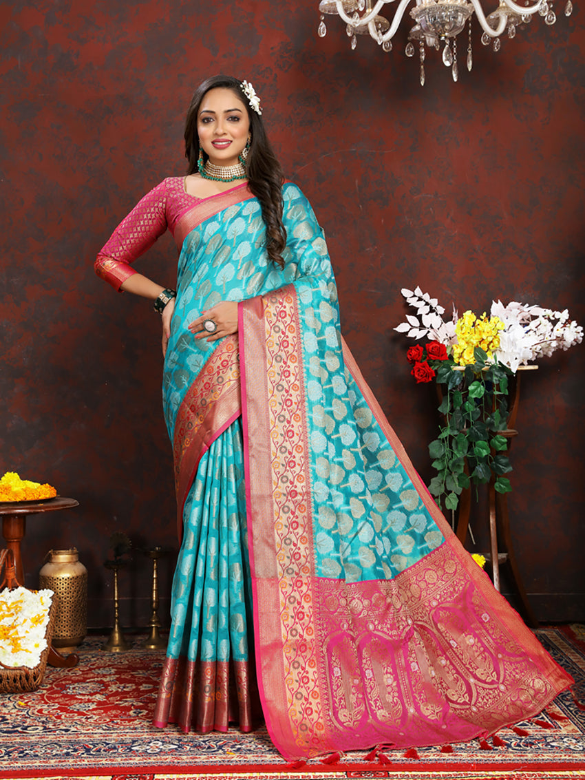 Lorenvalley Fashion Firozi Organza Silk Woven Design with Rich Meenakari Weaving Pallu Saree | Grocsy