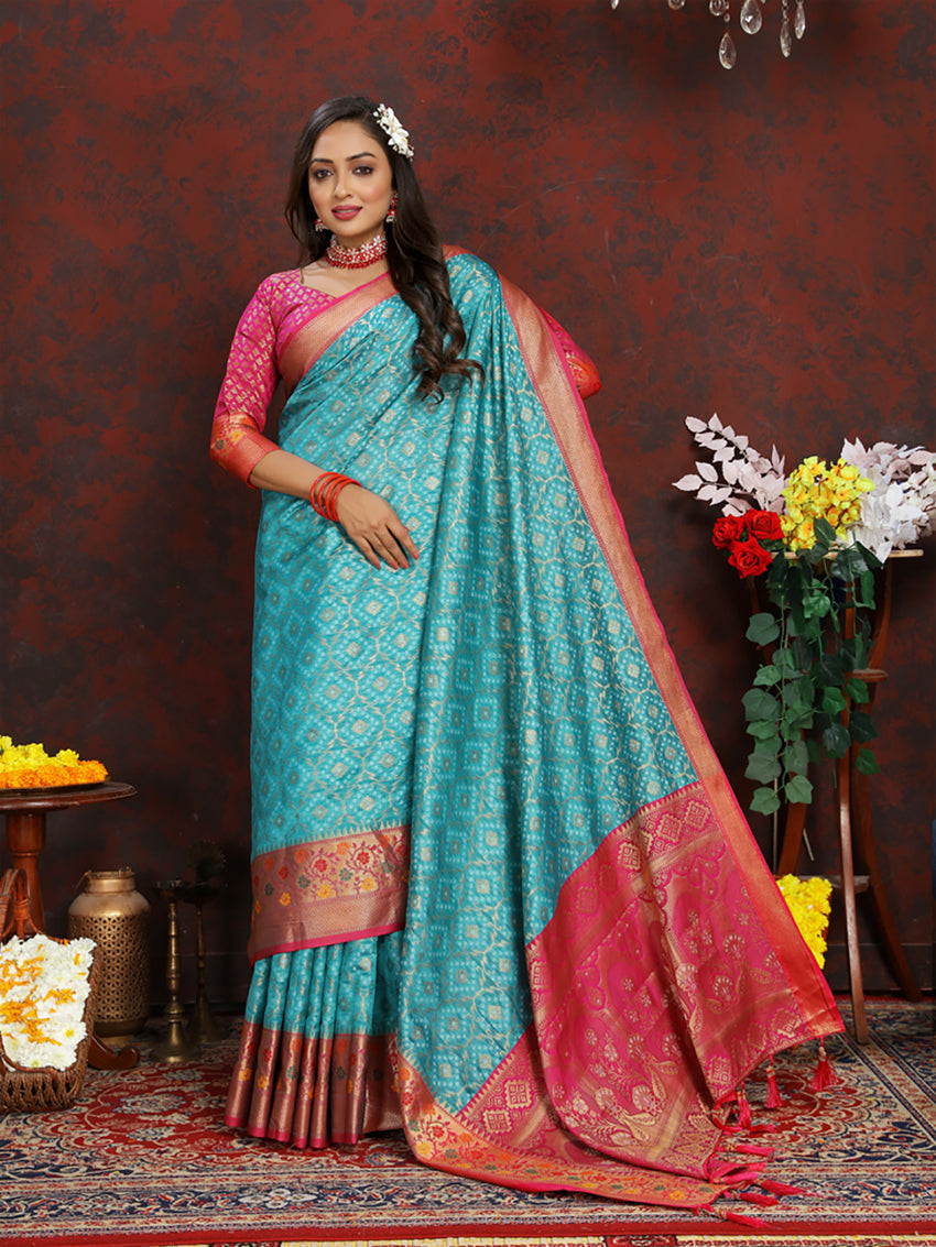 Lorenvalley Fashion Firozi Organza Silk Woven Design with Rich Meenakari Weaving Pallu Saree | Grocsy