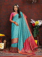 Lorenvalley Fashion Firozi Organza Silk Woven Design with Rich Meenakari Weaving Pallu Saree | Grocsy