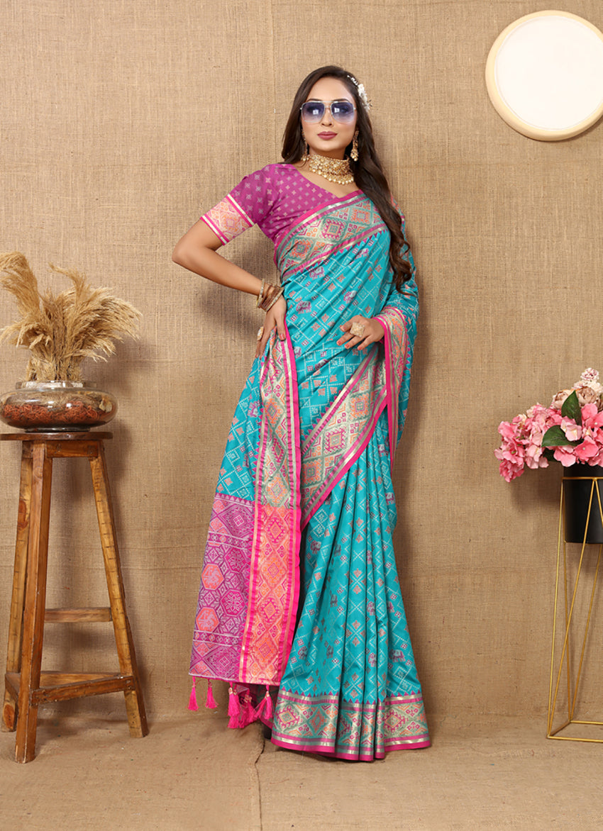 Lorenvalley Fashion Firozi Patola Silk Woven Design with Zari Meenakari Weaving motifs motifs Pallu Saree | Grocsy
