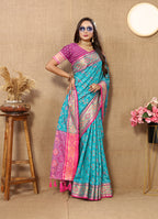 Lorenvalley Fashion Firozi Patola Silk Woven Design with Zari Meenakari Weaving motifs motifs Pallu Saree | Grocsy