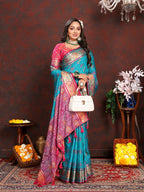 Lorenvalley Fashion Firozi Patola Silk Woven Design with Zari Meenakari Weaving motifs motifs Pallu Saree | Grocsy