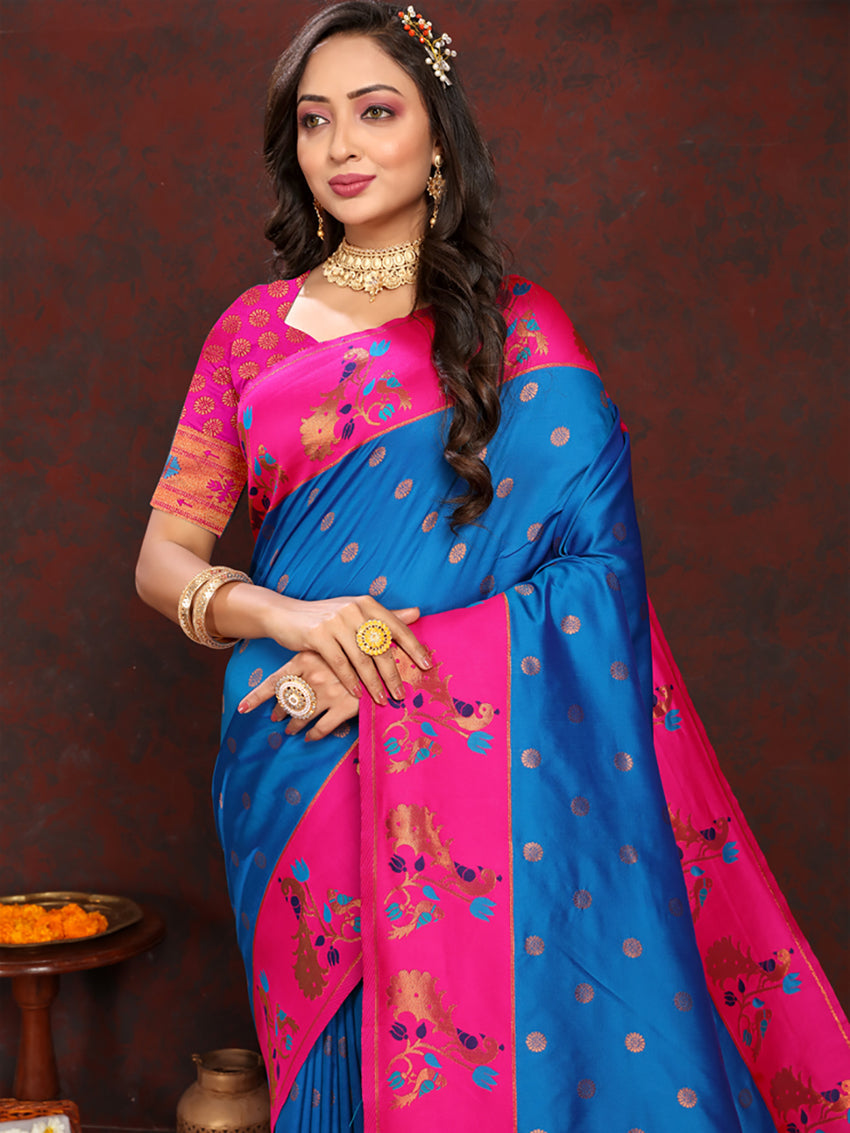 Lorenvalley Fashion Firozi Soft Paithani Silk Woven Design Rich Zari Meenakari Weaving Saree | Grocsy
