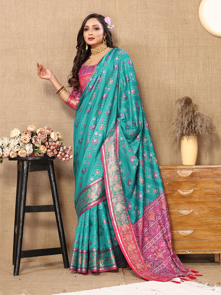 Lorenvalley Fashion Firozi Patola Silk Woven Design with Zari Meenakari Weaving motifs motifs Pallu Saree | Grocsy