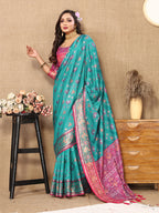 Lorenvalley Fashion Firozi Patola Silk Woven Design with Zari Meenakari Weaving motifs motifs Pallu Saree | Grocsy