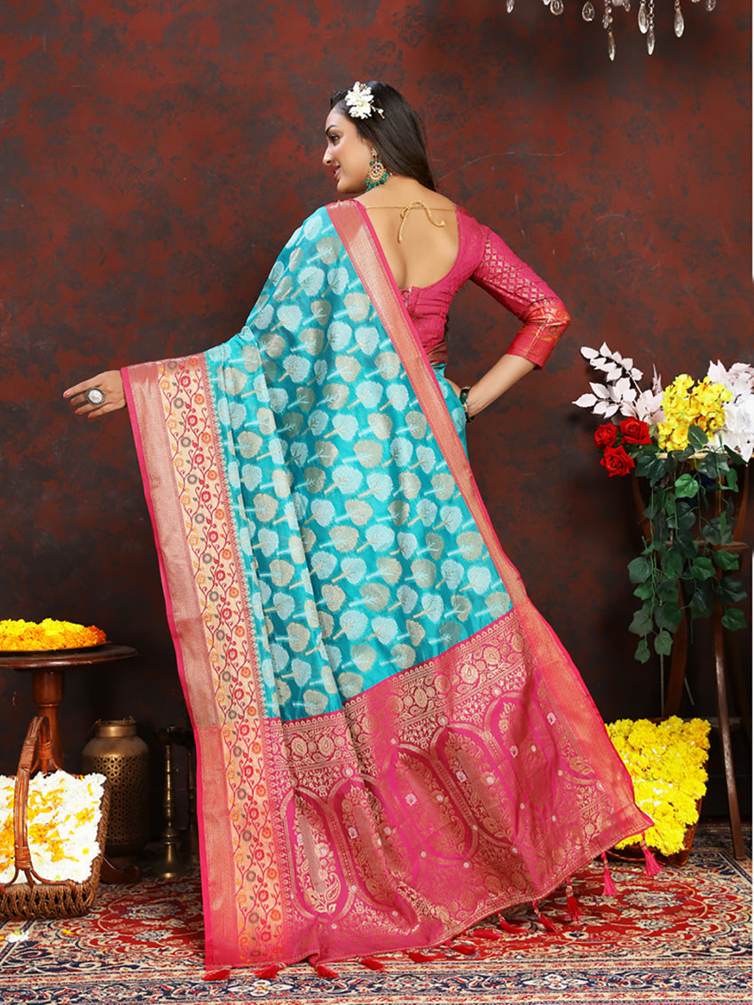 Lorenvalley Fashion Firozi Organza Silk Woven Design with Rich Meenakari Weaving Pallu Saree | Grocsy
