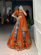 Lorenvalley Firozi Rayon and Printed Silk with Plain And Printed With Original Mirror Gamthi Work And Gamthi Patch Work Lehenga Choli | Grocsy