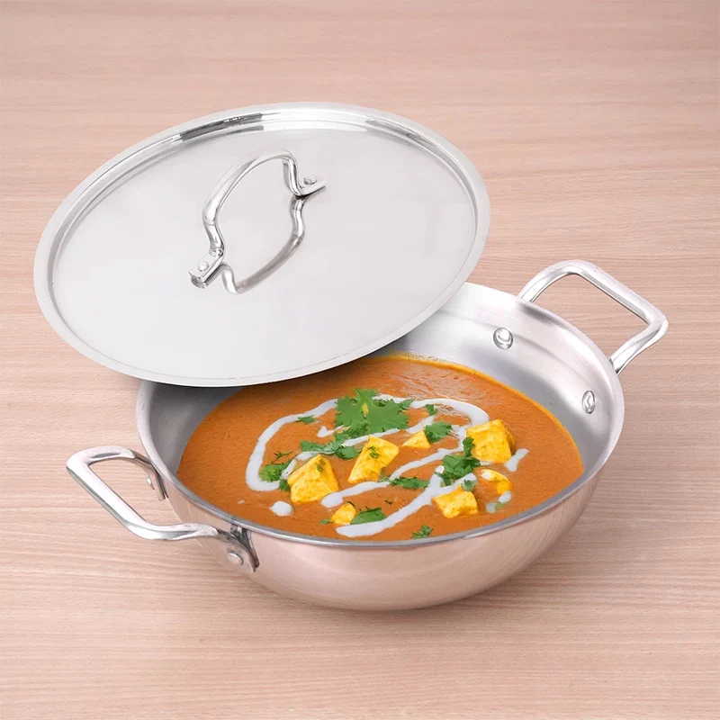 The Indus Valley TurboCuk Tri-ply Stainless Steel Kadai+ Steel Lid, Premium Quality, 3 Layer Thick Body, 100% Toxin-free, Non-stick, Induction & Gas, 3L/3.5L/3.9L/4.5L | Grocsy
