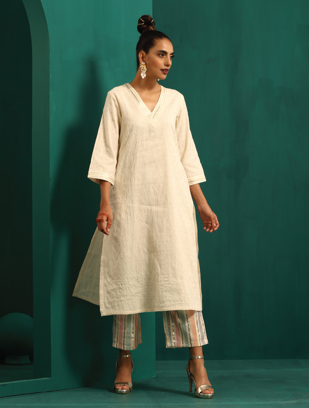 trueBrowns Ivory Tonal Cotton Kurta with Embroidered Pants | Grocsy
