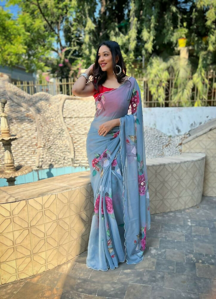 Vamsee Snehal Grey Georgette Saree | Grocsy