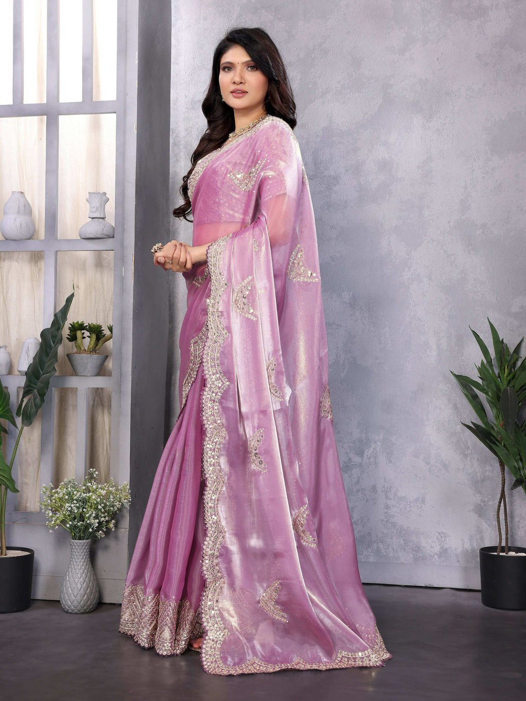 Vastranavya Lavender Embroidery Work Shimmer Chiffon Saree with Unstitched Blouse | Grocsy