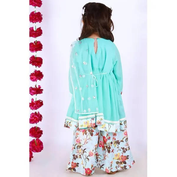Little Bansi Girls Blue Color Floral print Kurta Frock with Floral Palazzo and Dupatta | Grocsy